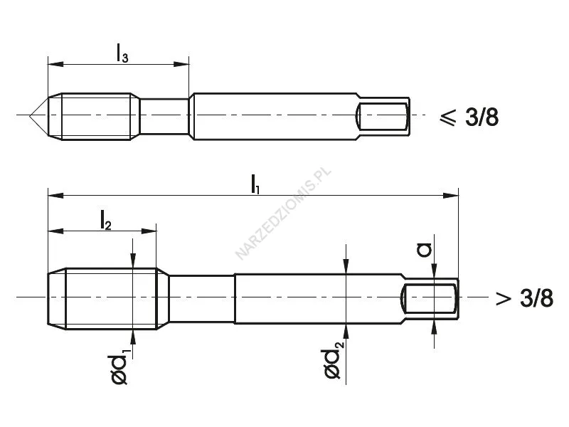 Rysunek techniczny: Gwintownik maszynowy ogólnego przeznaczenia DIN 352/1 UNC/1 1" 8zw. 2B HSS